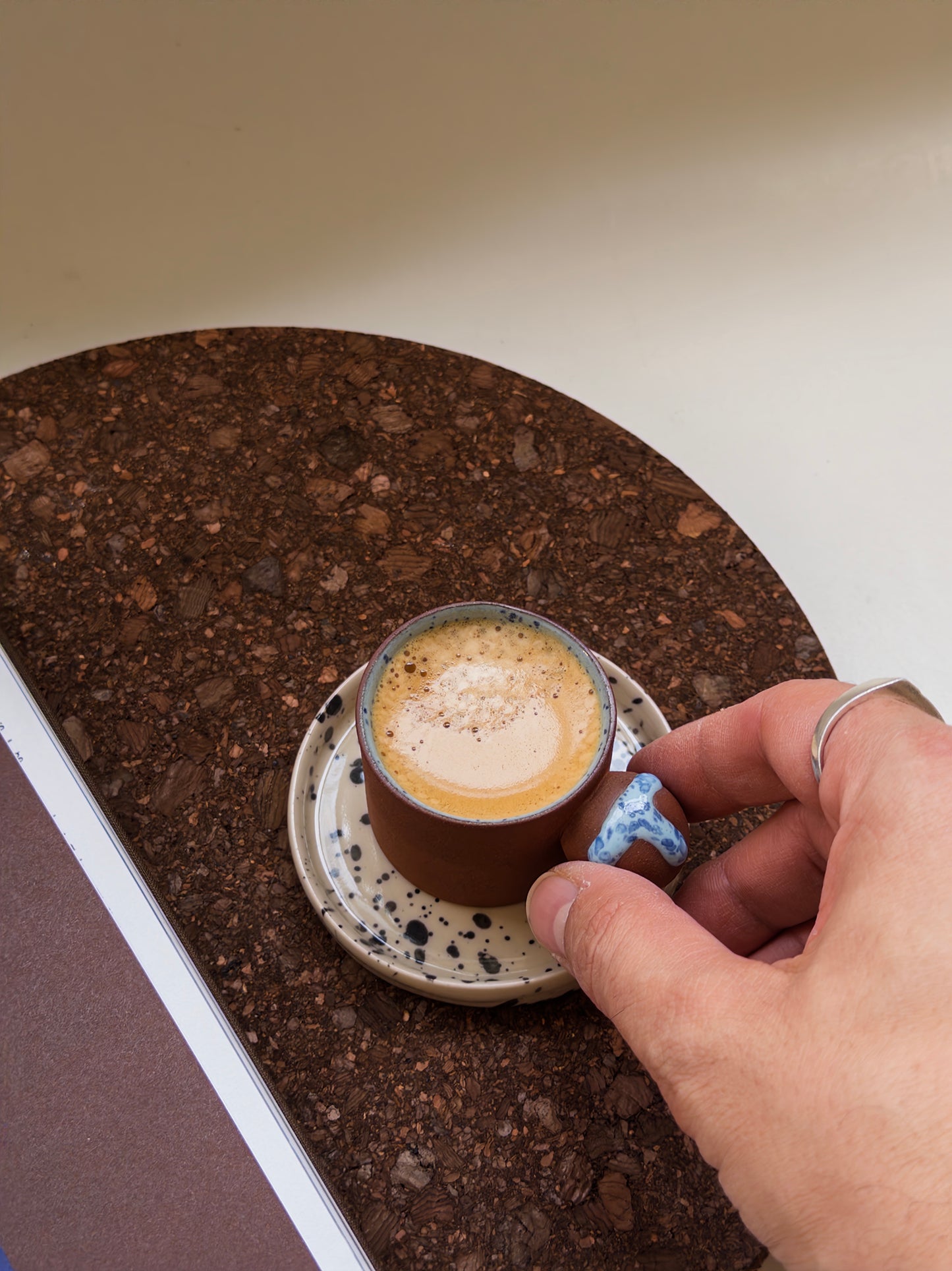 Handmade Blue Speckled Terracotta Espresso Cup with Saucer – Minimalist Ceramic Coffee Cup, Made in London
