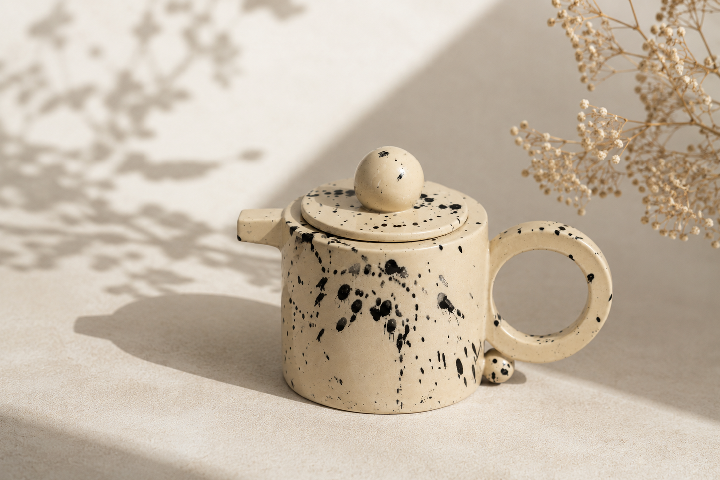 Handmade Stoneware Teapot – Modern Beige Ceramic Teapot with Black Splatter Glaze (16 oz)