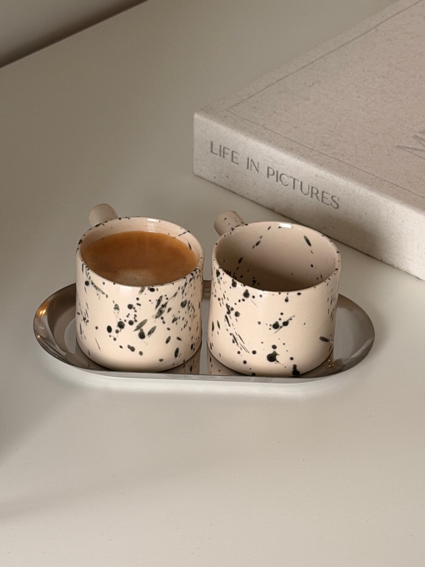 Handmade Ceramic Espresso Cup Set of 2 with Tray – Speckled Stoneware, British Pottery, 4 oz volume
