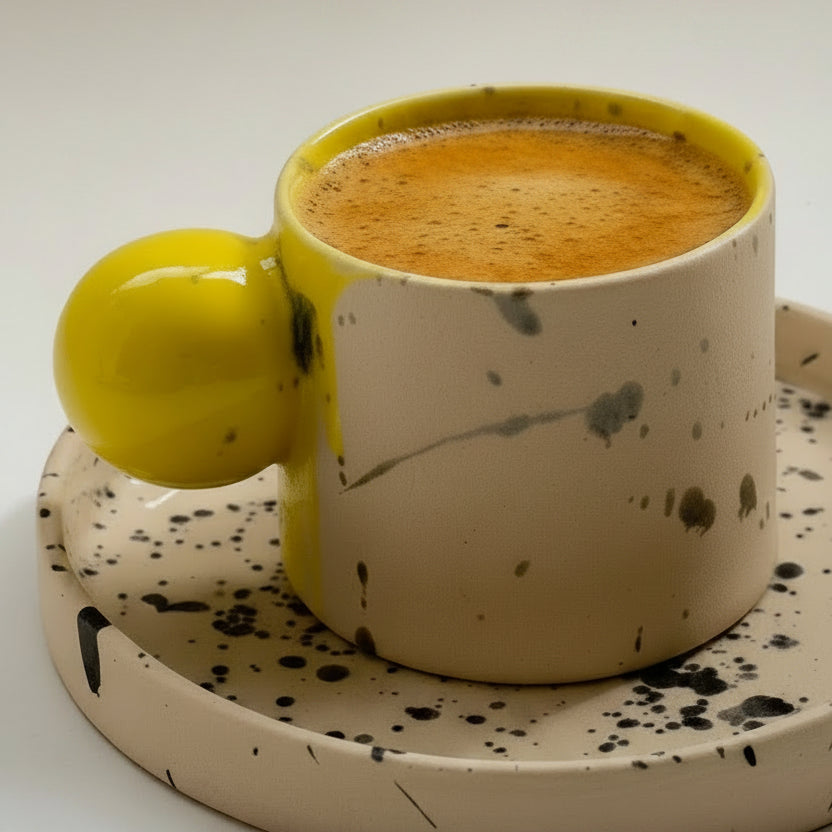Beige & Yellow Handmade Ceramic Coffee Cup with Saucer – Ball Handle Stoneware Mug (60ml Espresso / 150ml Flat White)