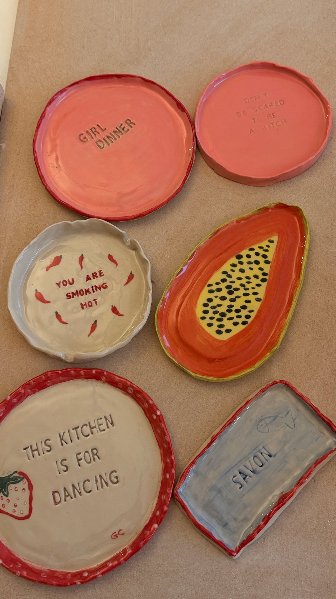 Student-made pottery from a private group event at the Doppiocotto studio, London