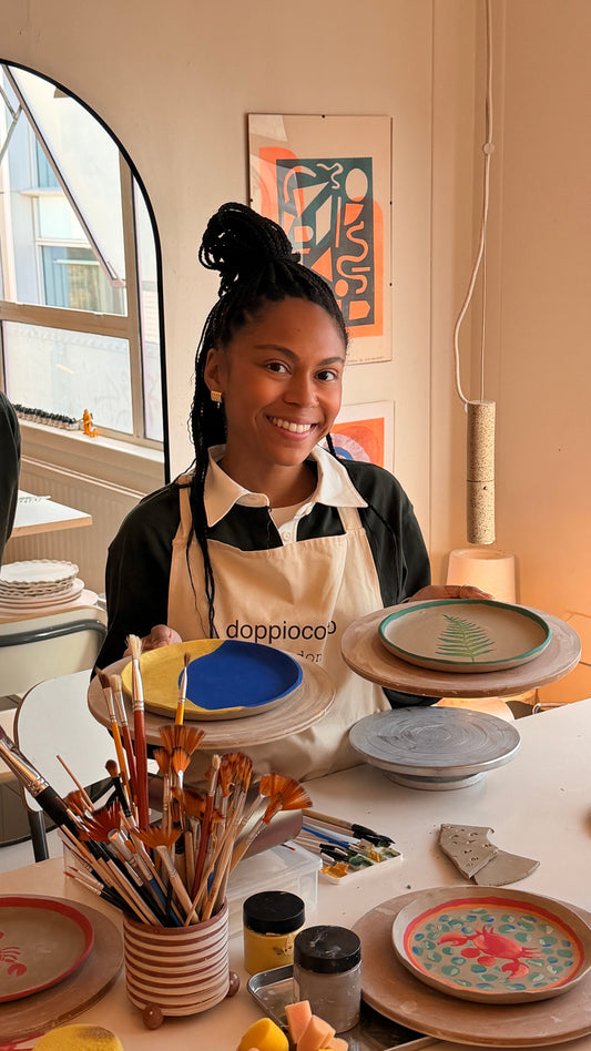 Student pottery made at a group workshop in the Doppiocotto studio, Waterloo