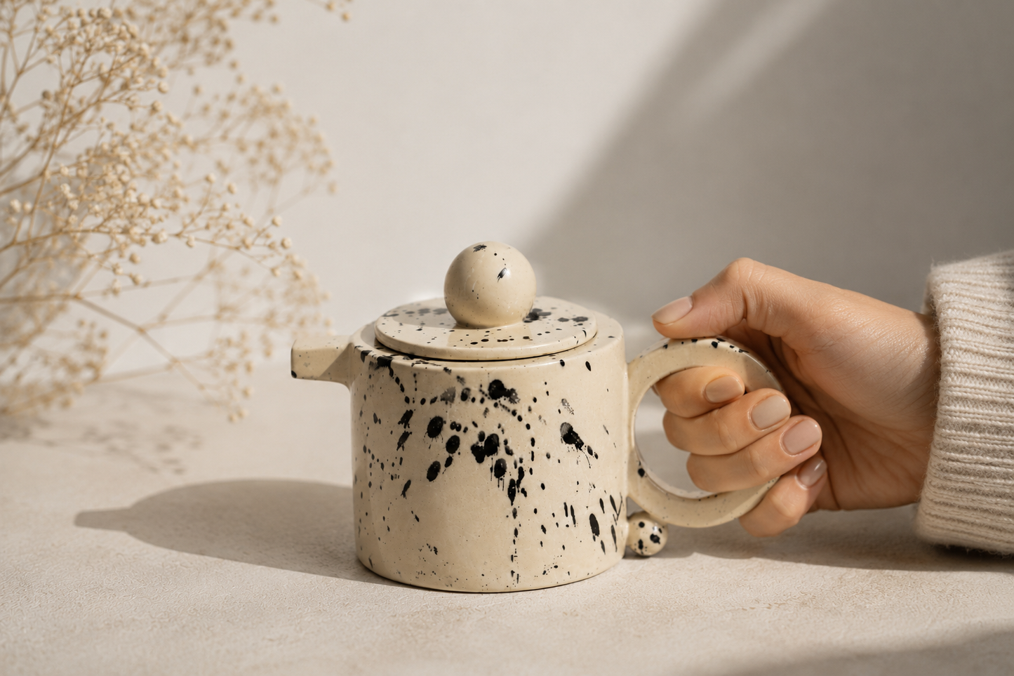 Handmade Stoneware Teapot – Modern Beige Ceramic Teapot with Black Splatter Glaze (16 oz)