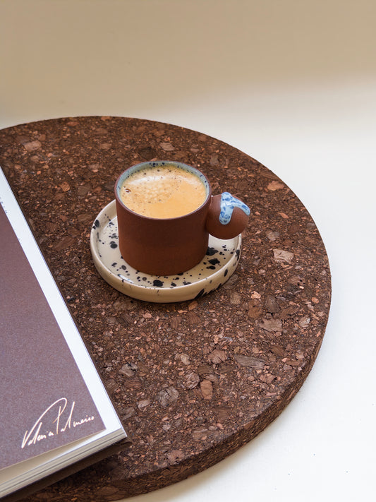 Handmade Blue Speckled Terracotta Espresso Cup with Saucer – Minimalist Ceramic Coffee Cup, Made in London