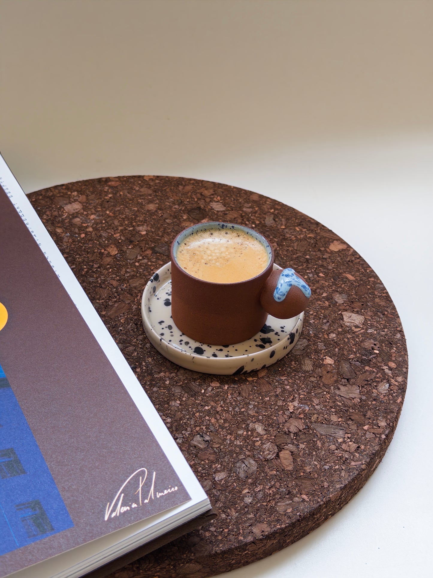 Handmade Blue Speckled Terracotta Espresso Cup with Saucer – Minimalist Ceramic Coffee Cup, Made in London