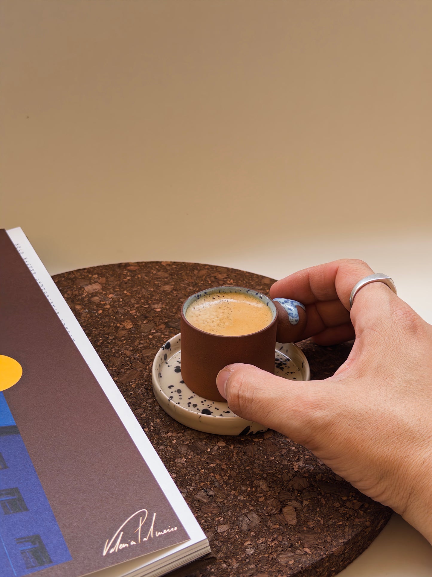 Handmade Blue Speckled Terracotta Espresso Cup with Saucer – Minimalist Ceramic Coffee Cup, Made in London