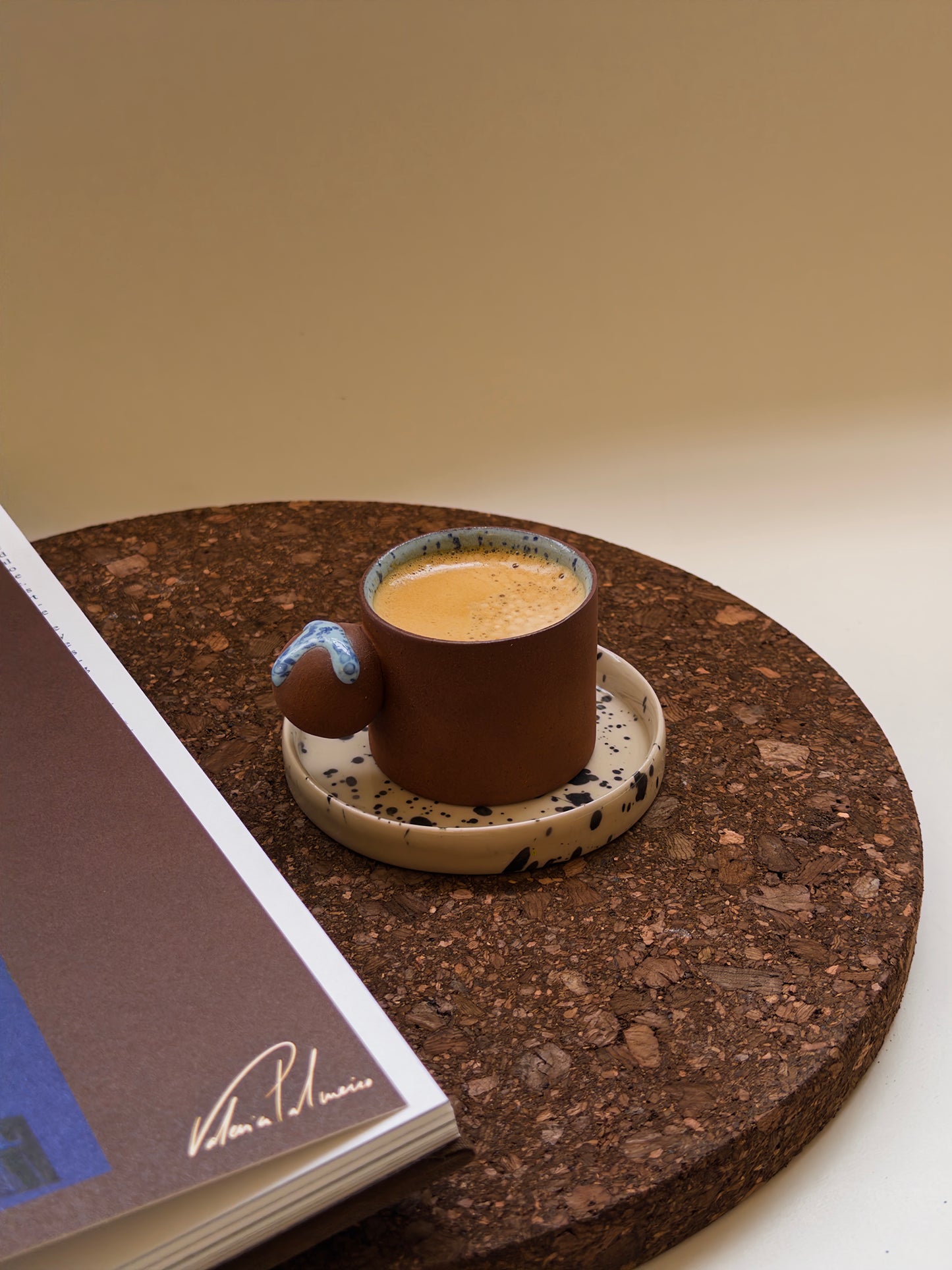 Handmade Blue Speckled Terracotta Espresso Cup with Saucer – Minimalist Ceramic Coffee Cup, Made in London