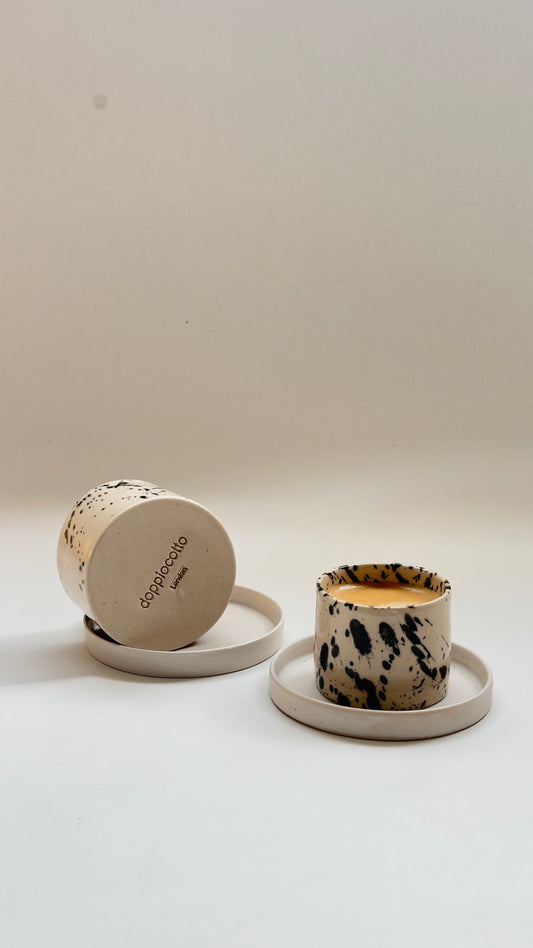 Handmade 2 oz handleless stoneware espresso cup with matching saucer