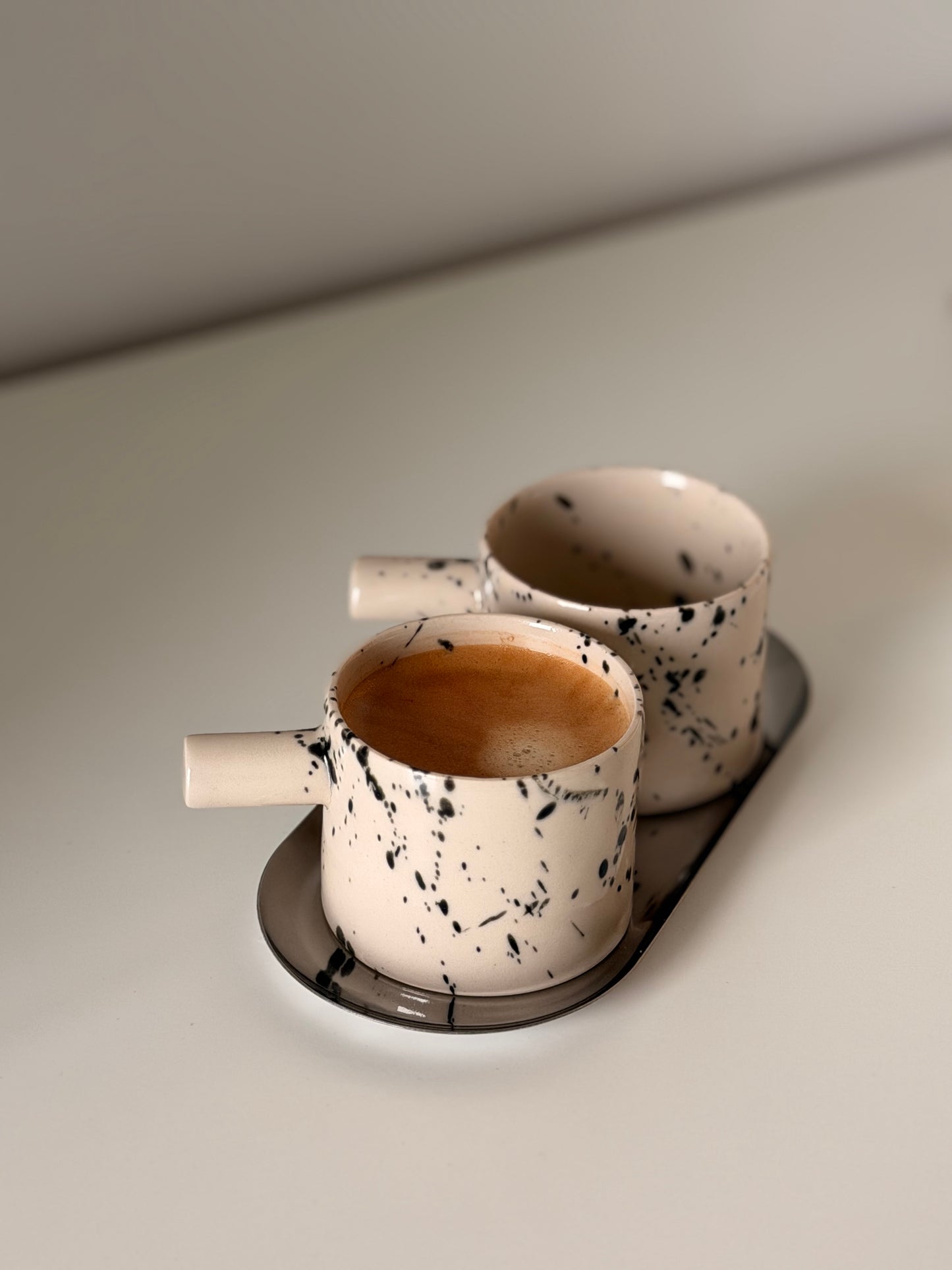 British pottery espresso cup set with handcrafted tray