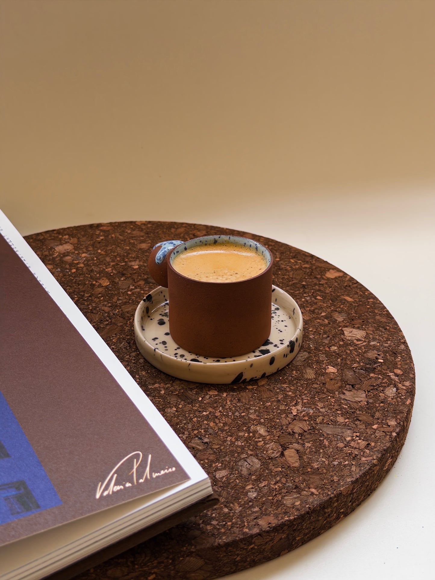 Handmade Blue Speckled Terracotta Espresso Cup with Saucer – Minimalist Ceramic Coffee Cup, Made in London