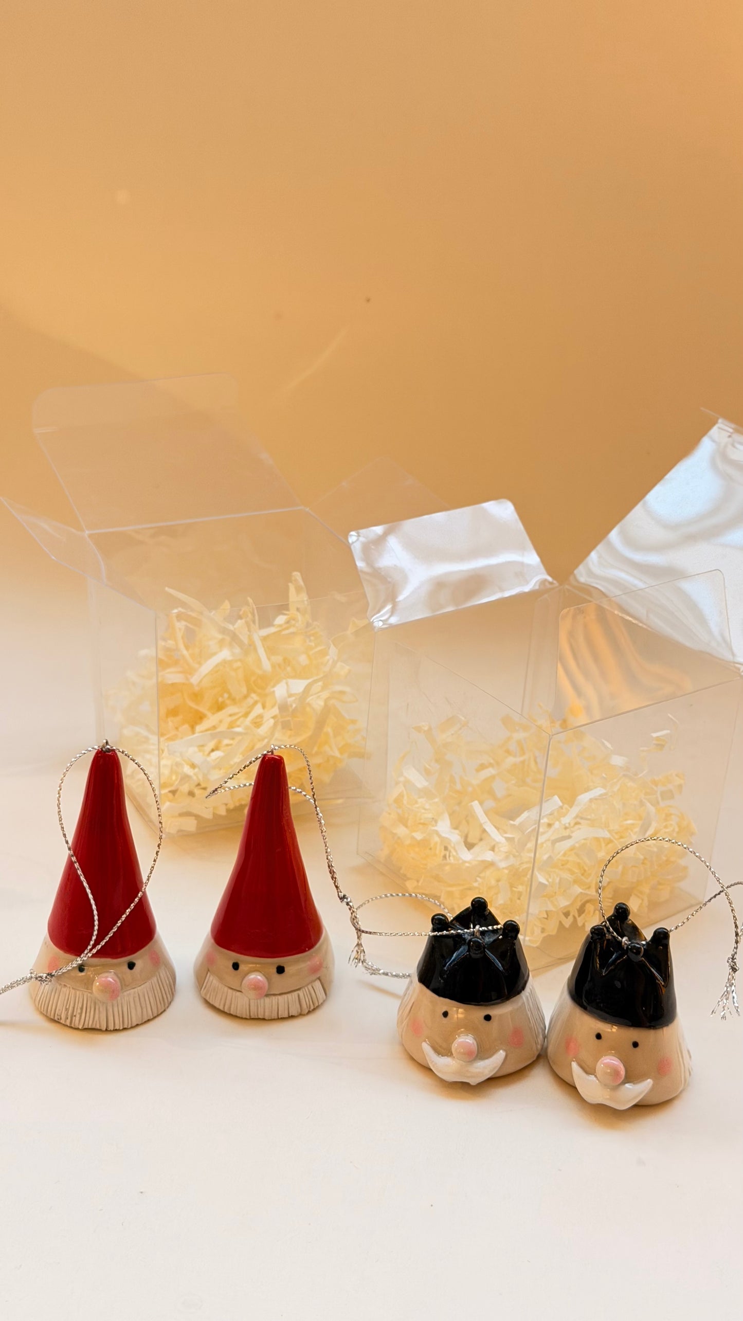 Nutcracker and Santa heads handmade with string for hanging on the Christmas tree