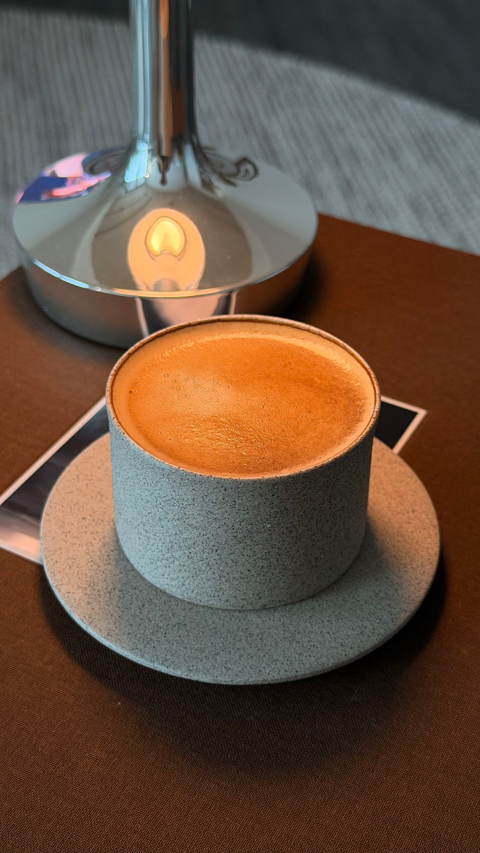 Handmade 3 oz handleless espresso cup with matching stoneware saucer