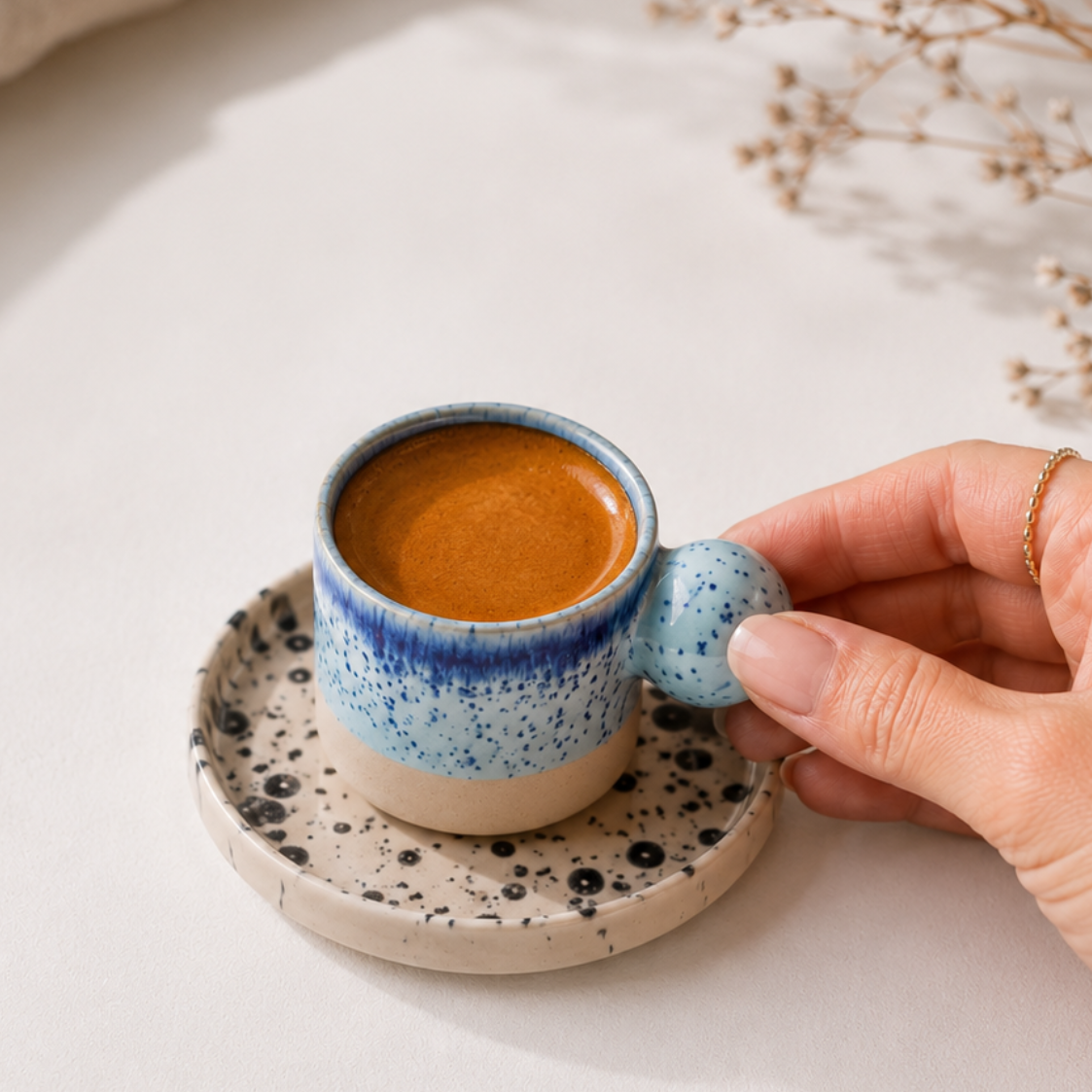 Handmade 2 oz stoneware espresso cup with matching saucer