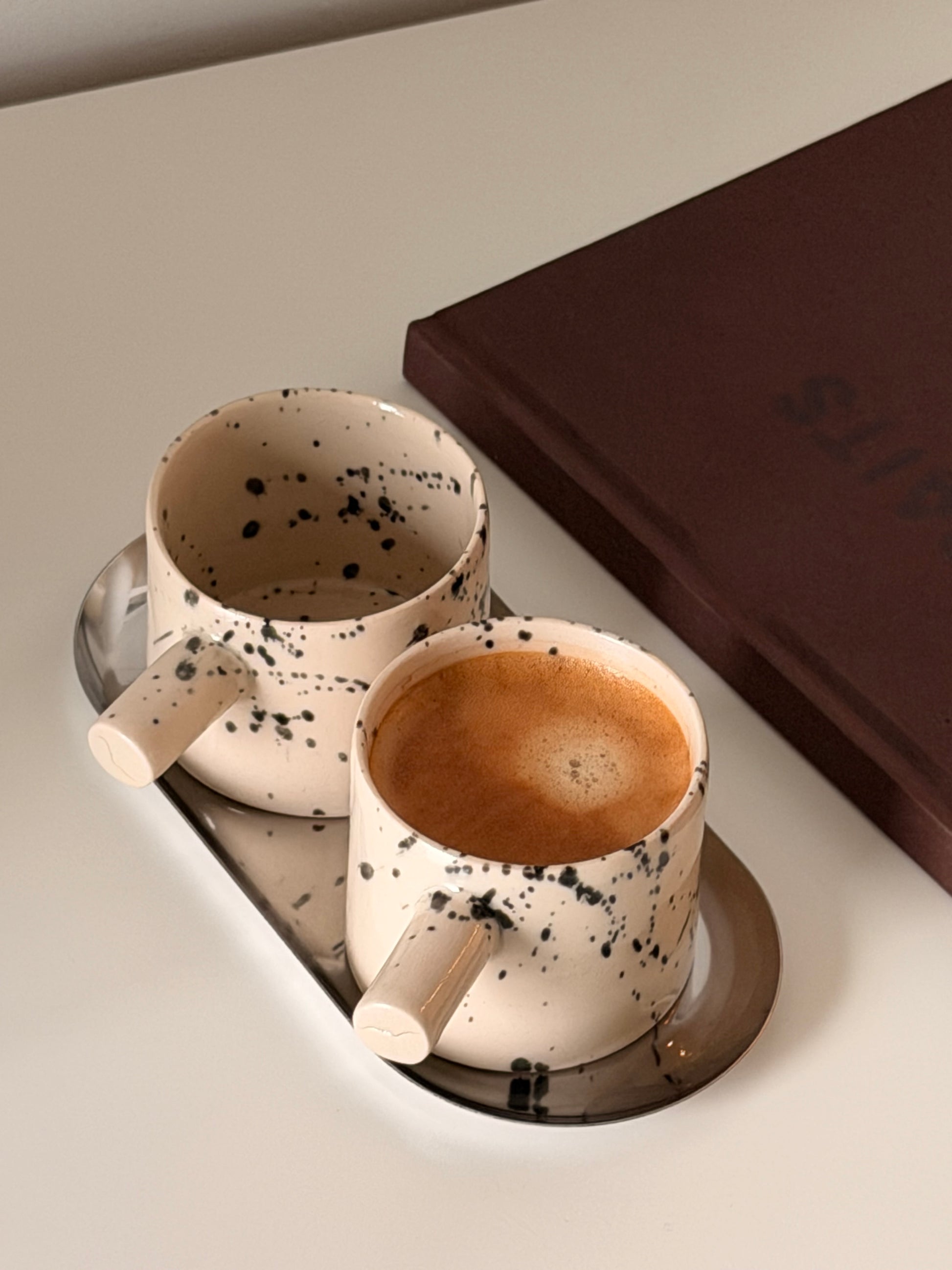 Handmade speckled stoneware espresso cup set with matching tray