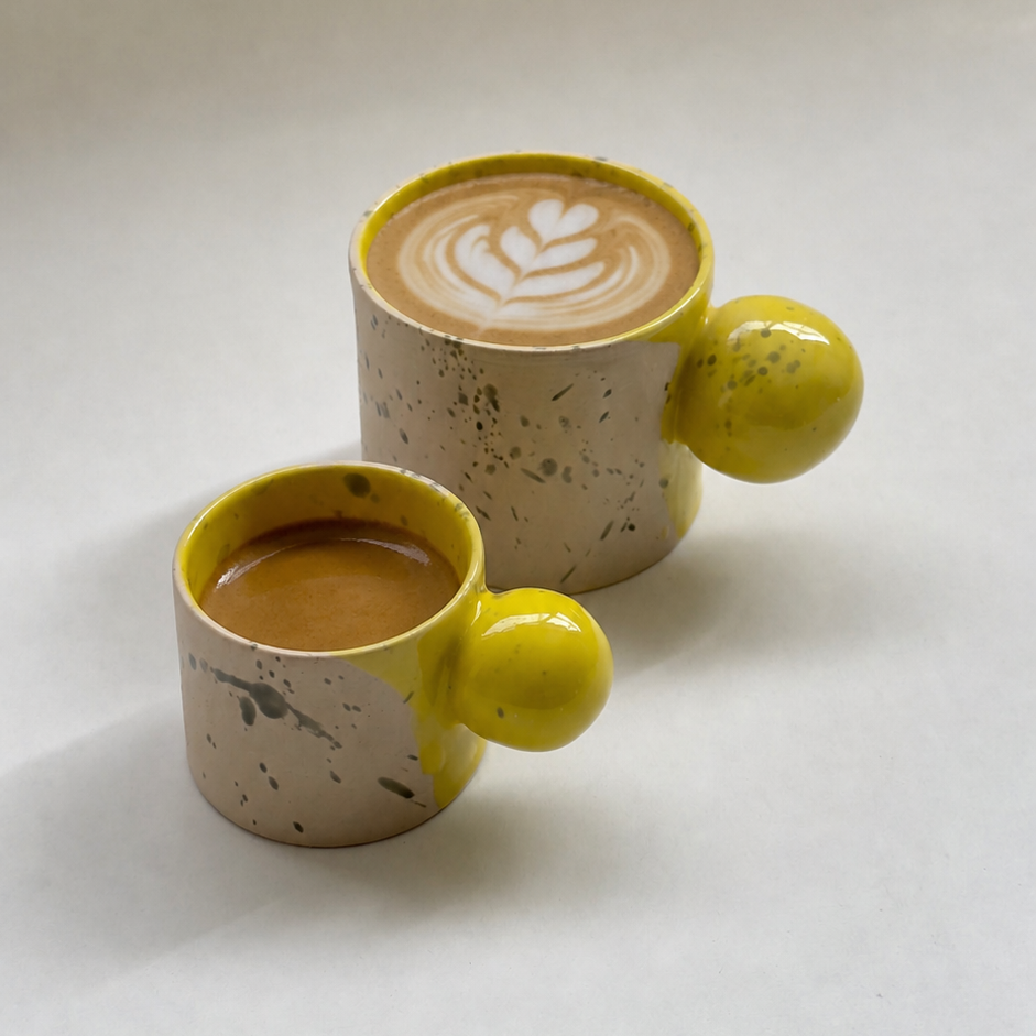 Beige & Yellow Handmade Ceramic Coffee Cup with Saucer – Ball Handle Stoneware Mug (60ml Espresso / 150ml Flat White)
