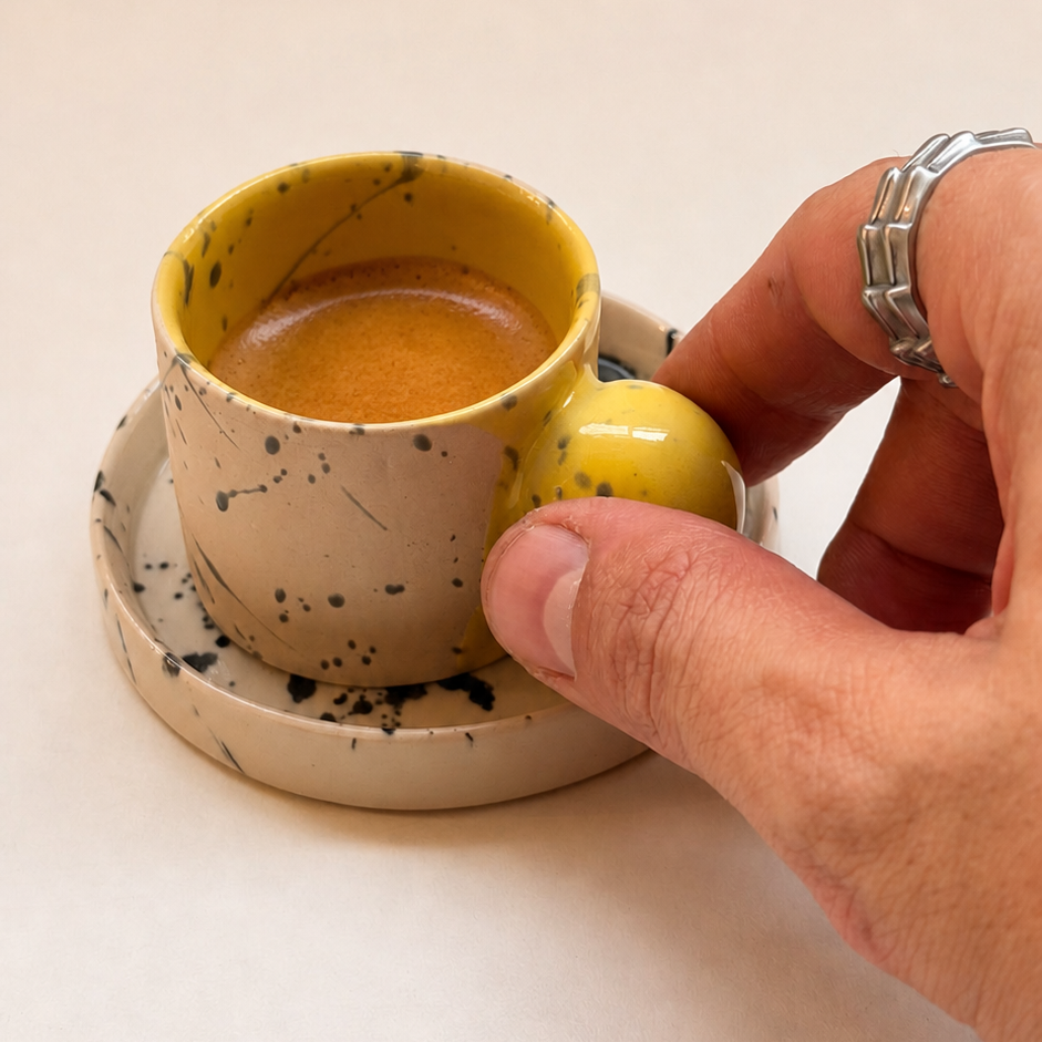 Beige & Yellow Handmade Ceramic Coffee Cup with Saucer – Ball Handle Stoneware Mug (60ml Espresso / 150ml Flat White)