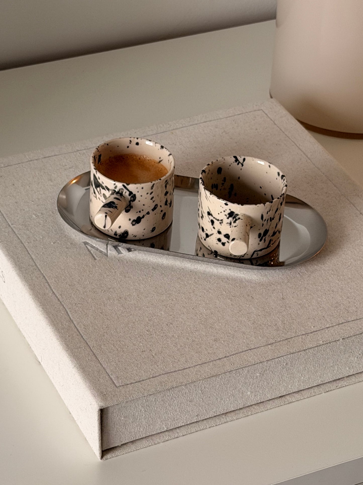 Handmade 2 oz Ceramic Espresso Cup Set of 2 with Stainless Steel Tray – Valentine’s Gift