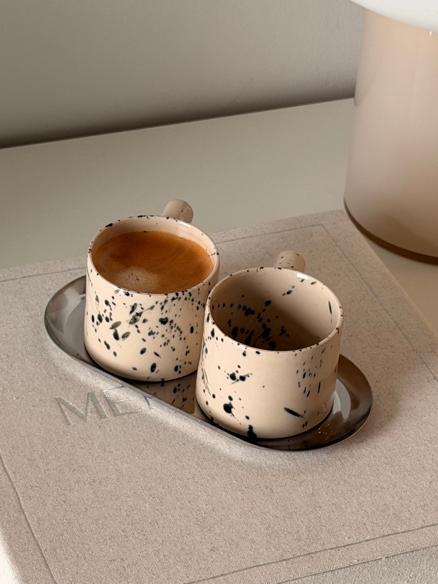 Handmade Ceramic Espresso Cup Set of 2 with Tray – Speckled Stoneware, British Pottery, 4 oz volume