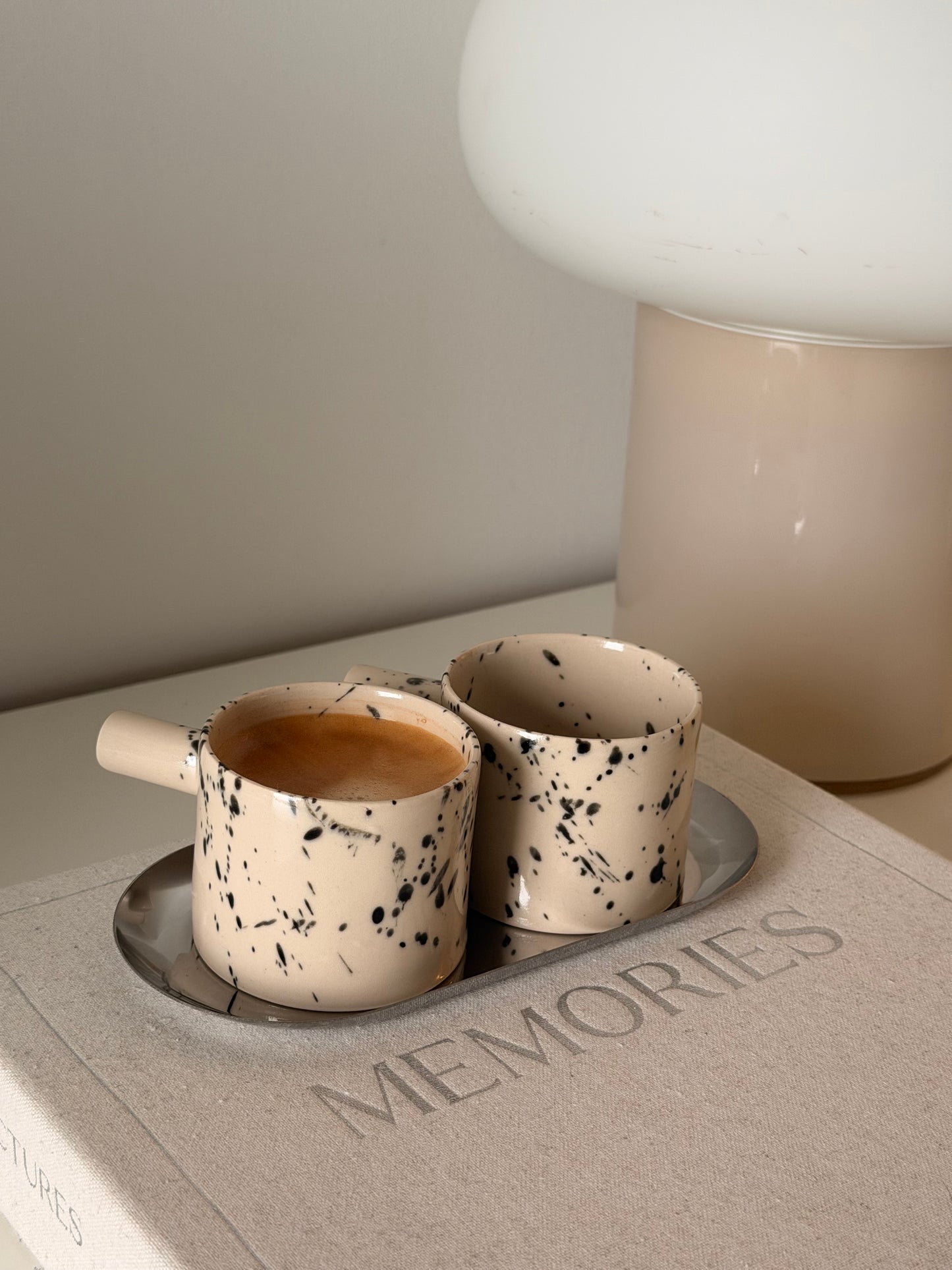 Handmade Ceramic Espresso Cup Set of 2 with Tray – Speckled Stoneware, British Pottery, 4 oz volume