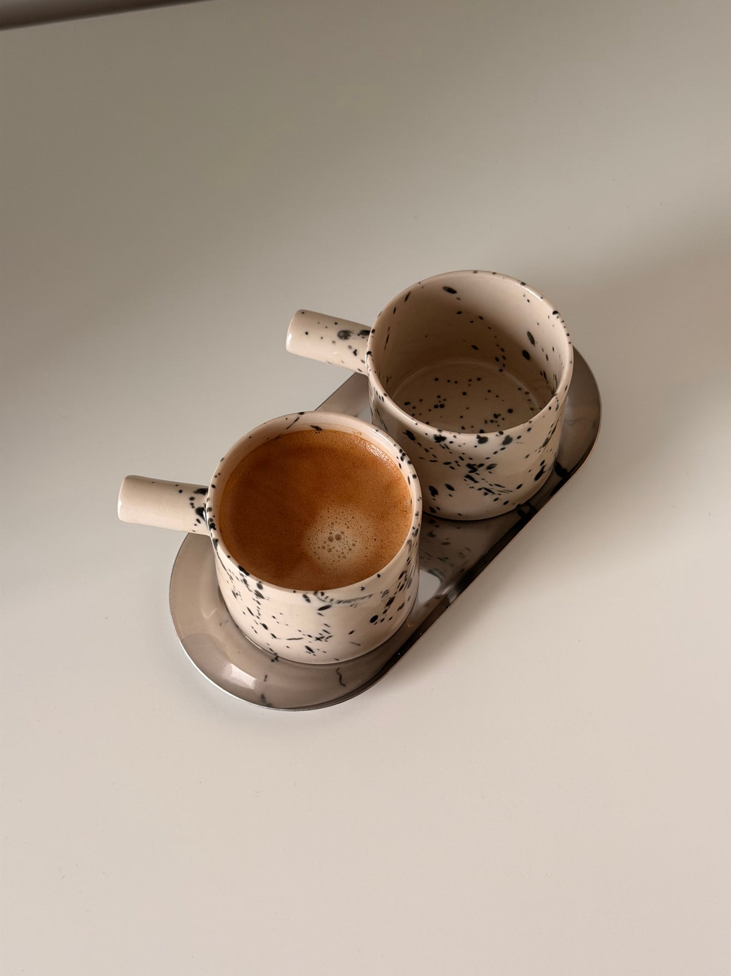 Handmade Ceramic Espresso Cup Set of 2 with Tray – Speckled Stoneware, British Pottery, 4 oz volume