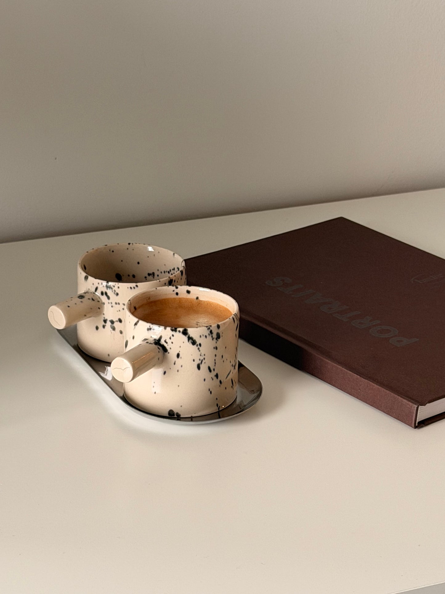 Handmade Ceramic Espresso Cup Set of 2 with Tray – Speckled Stoneware, British Pottery, 4 oz volume