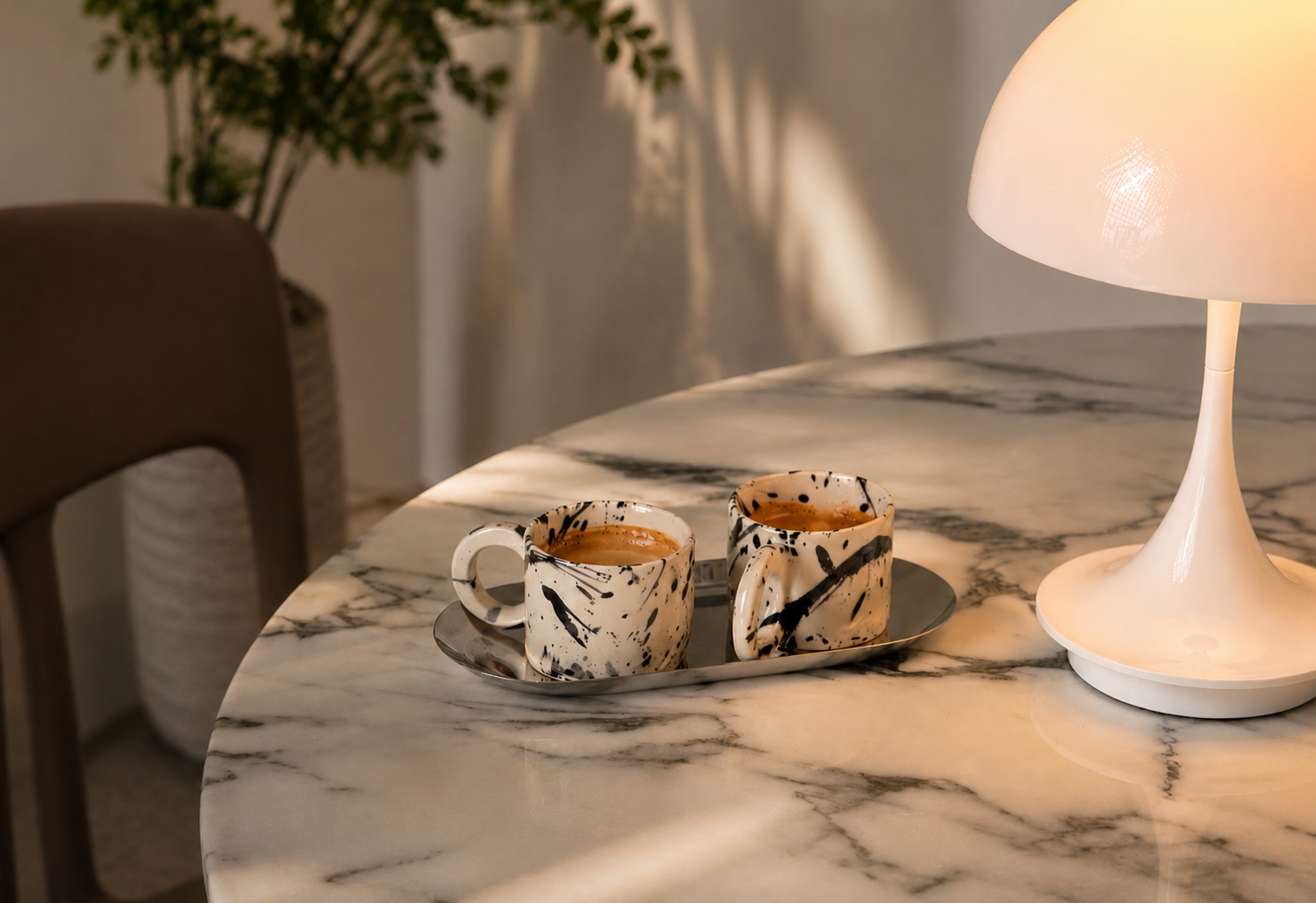 Artisan stoneware coffee cup set with stainless steel tray