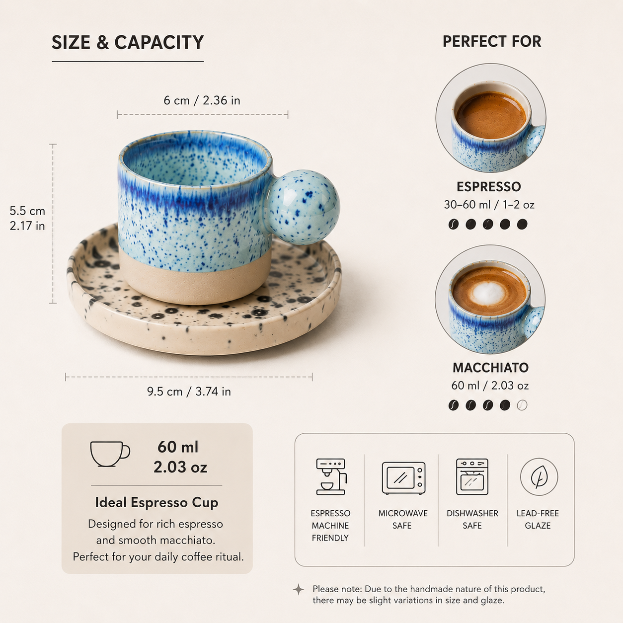 Handmade ceramic espresso cup with matching saucer