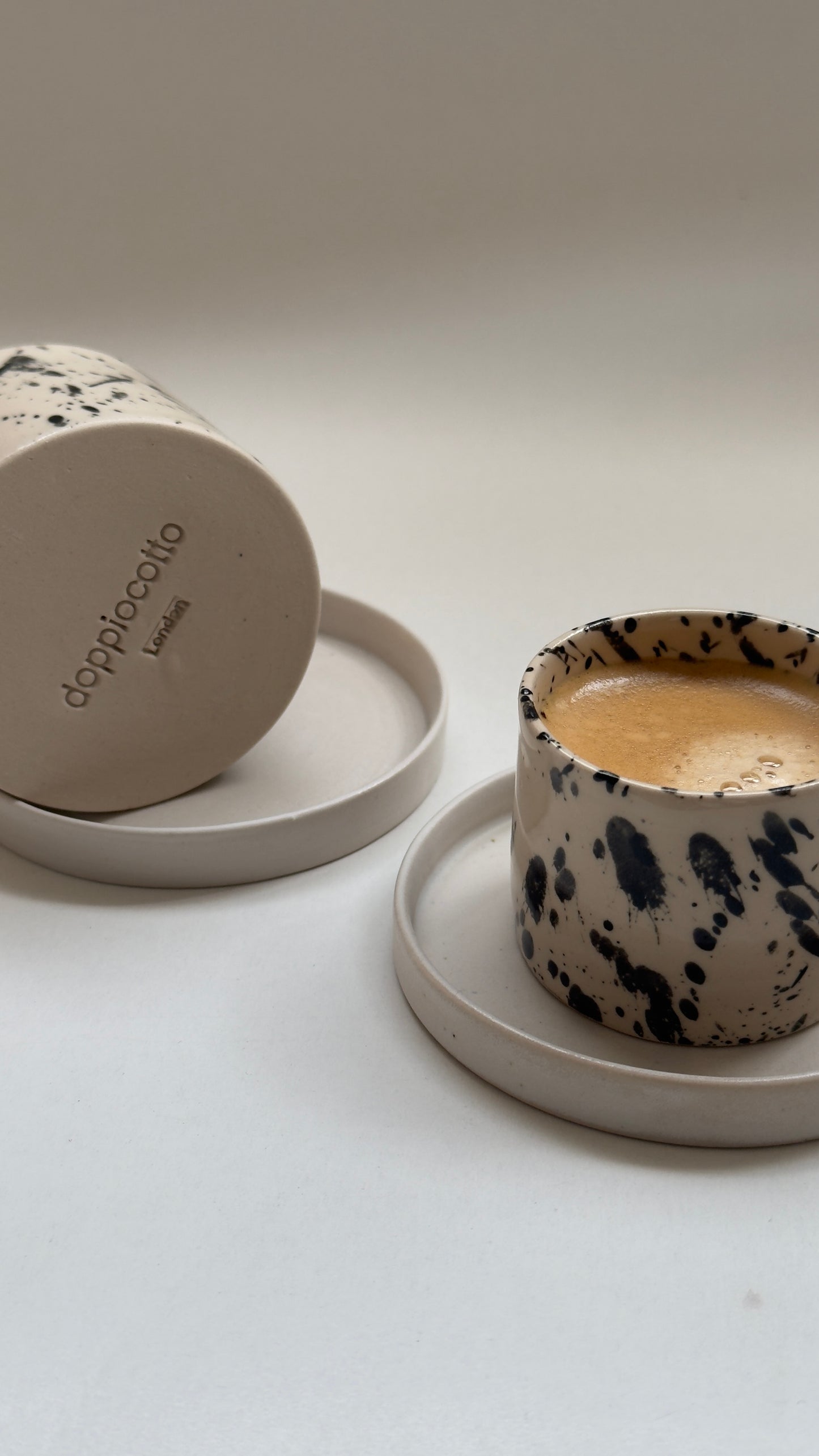Handcrafted handleless espresso cup and saucer made in London
