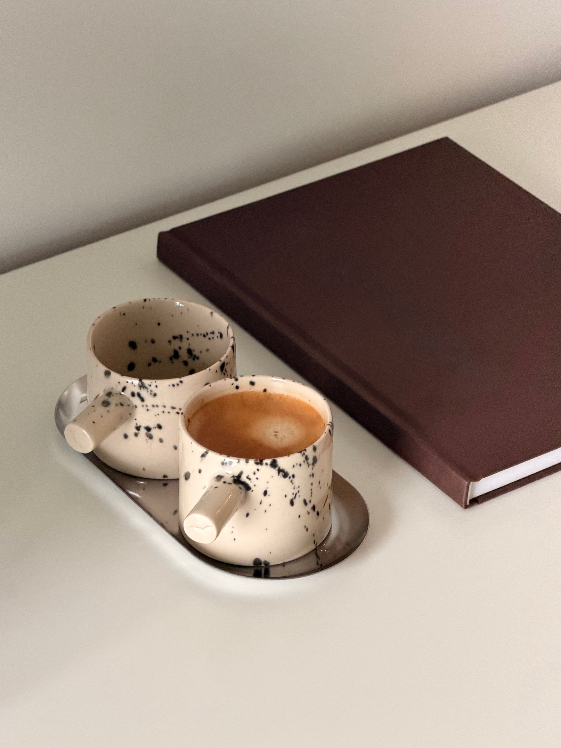 Two handmade 4 oz stoneware espresso cups with serving tray