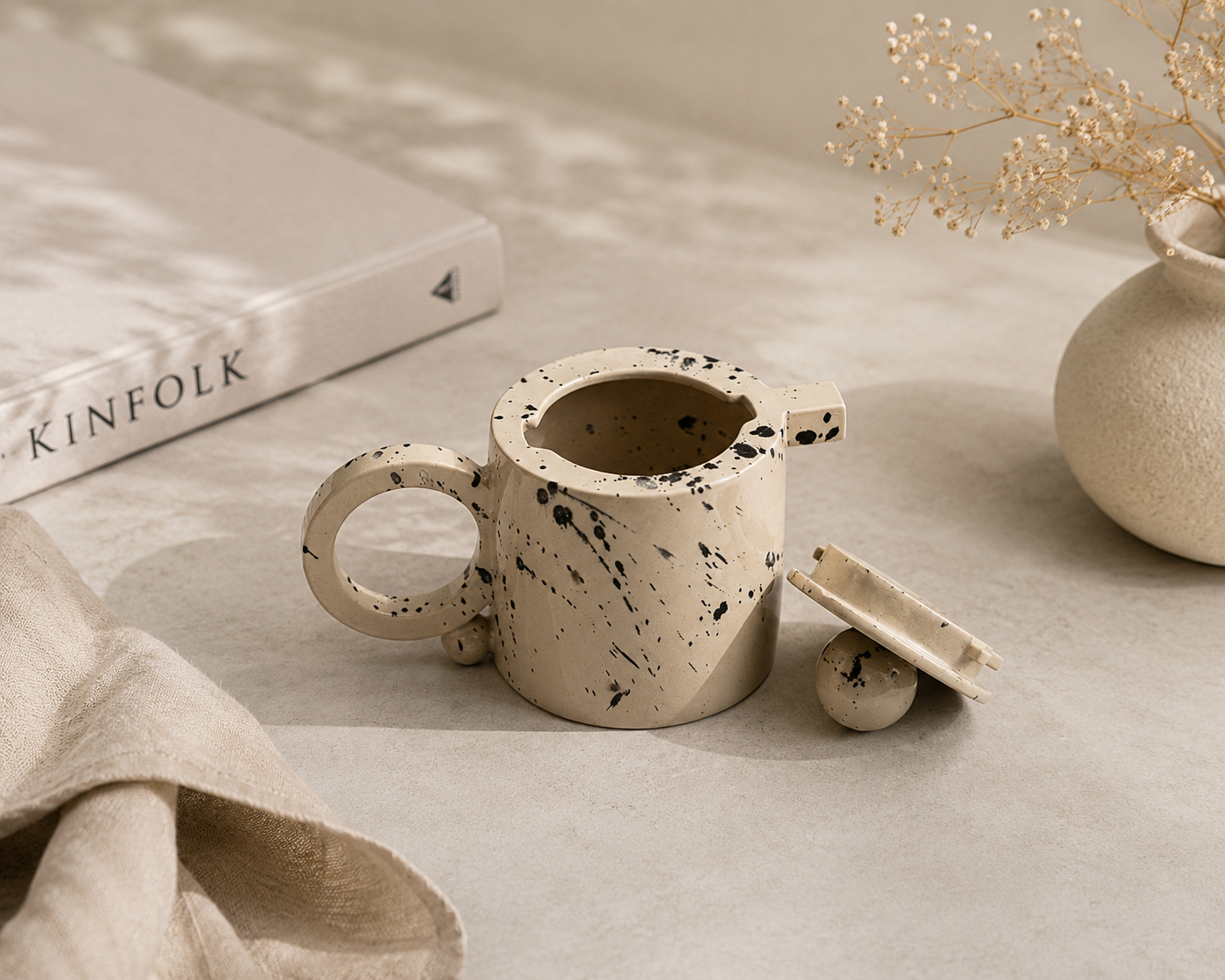Handmade Stoneware Teapot – Modern Beige Ceramic Teapot with Black Splatter Glaze (16 oz)