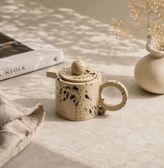 Handmade Stoneware Teapot – Modern Beige Ceramic Teapot with Black Splatter Glaze (16 oz)